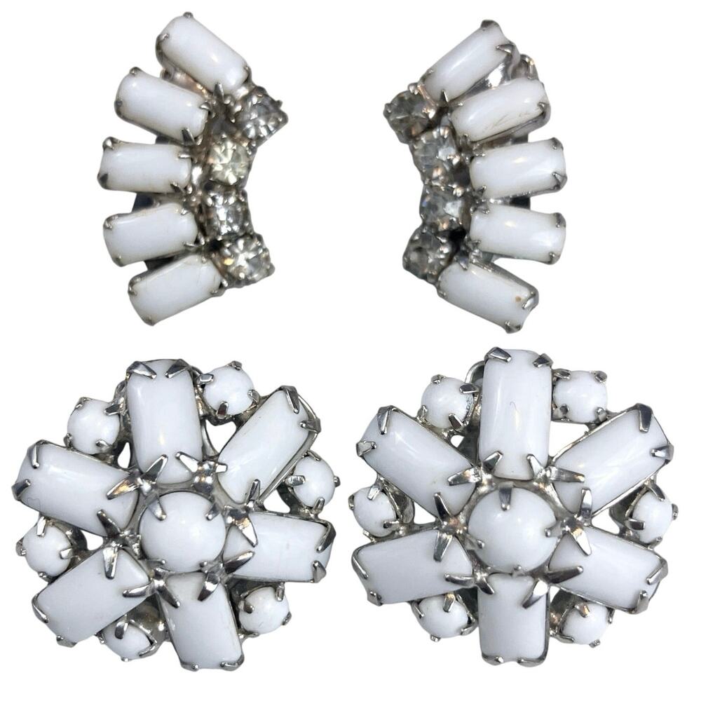 VTG Milk Glass, Rhinestone Clip-On Earrings 1950s Mid-Century Lot of 2 Pairs